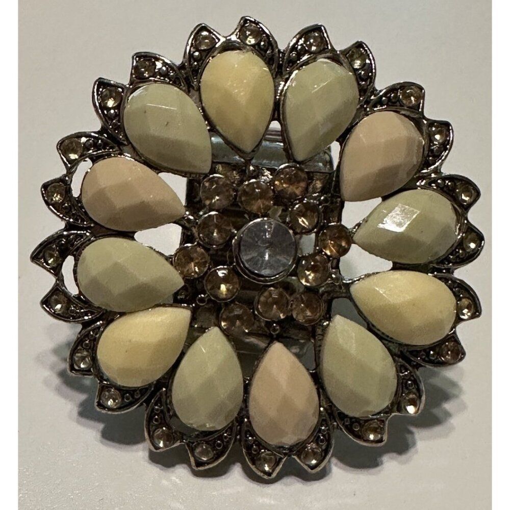 Large Chunky Statement Rhinestone Elastic Stretch Ring Gold Tone Boho